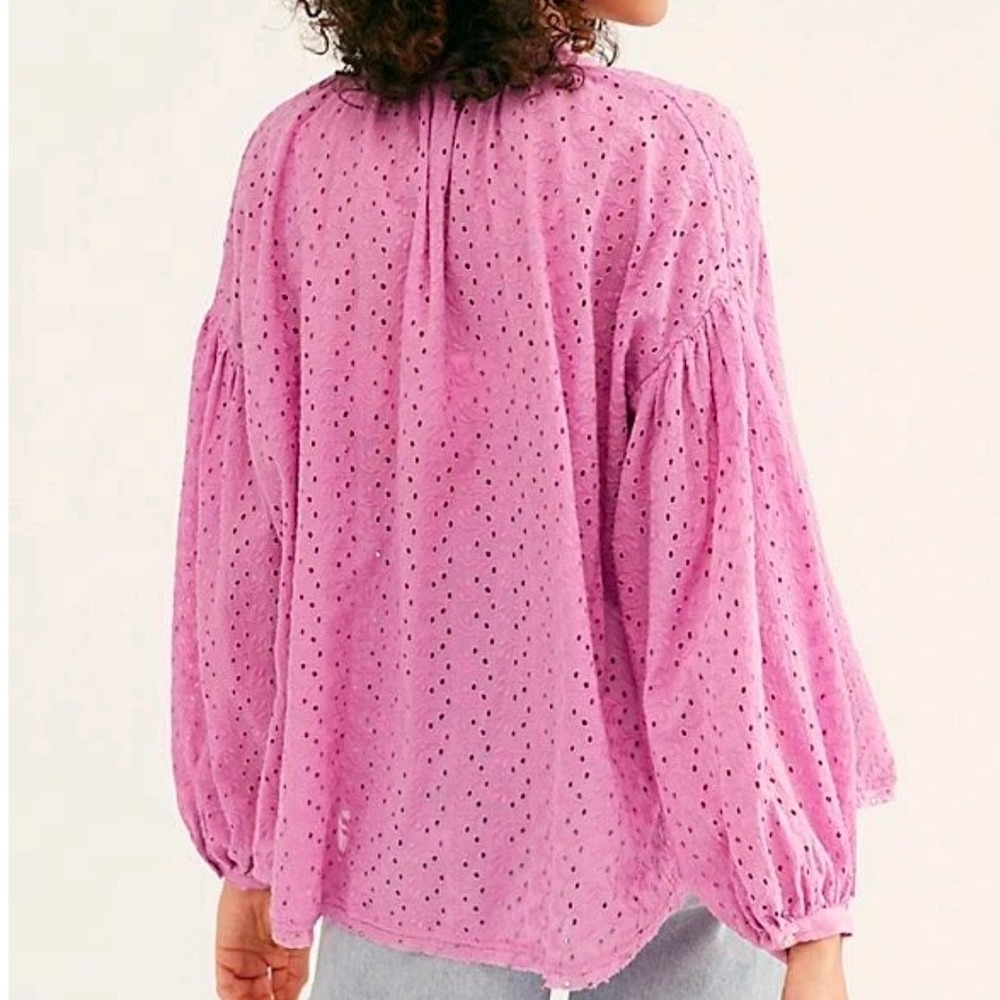 Womens Pink Eyelet Blouse Button Front Boho Oversized Cotton Top